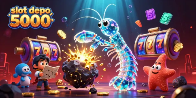 Engage with slot depo 5000 in a vibrant 3D scene featuring galactic characters amidst slot symbols and golden rewards.