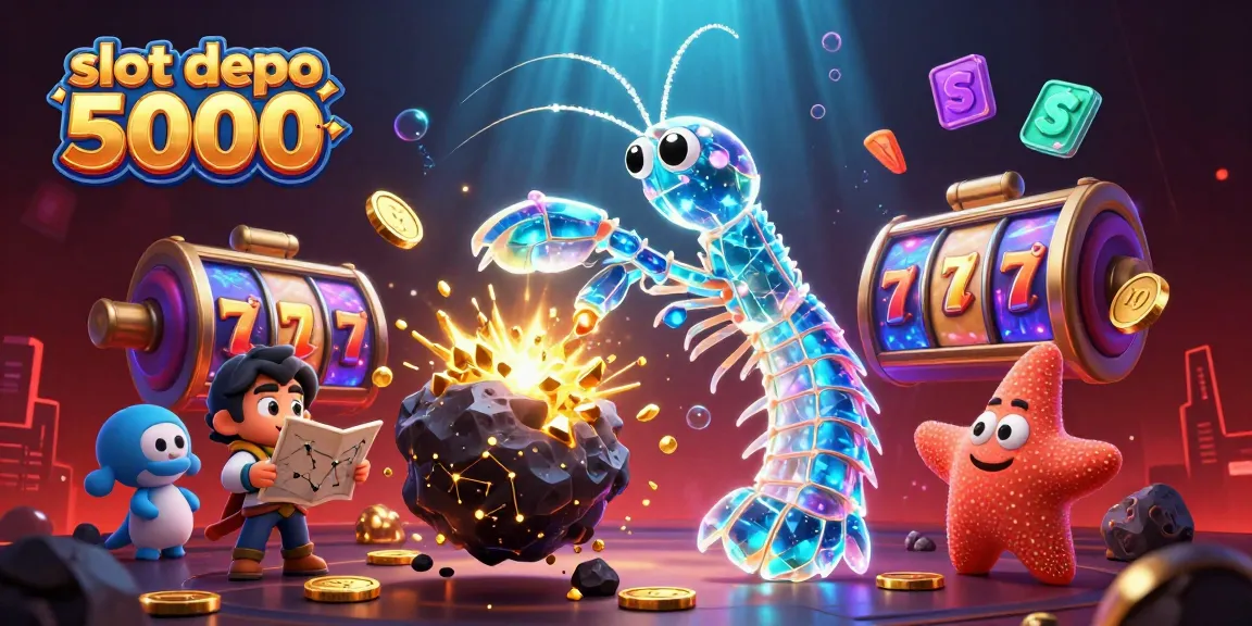 Engage with slot depo 5000 in a vibrant 3D scene featuring galactic characters amidst slot symbols and golden rewards.